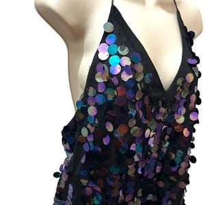 Backless cross-cross spaghetti strap over the knee dress with large sequins